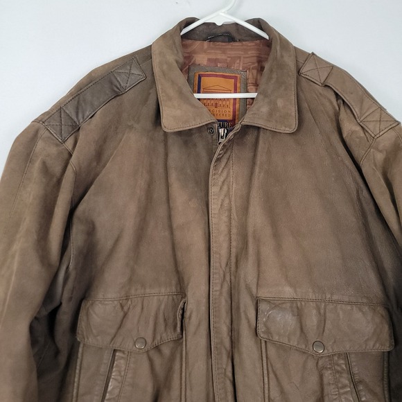 STRUCTURE VINTAGE BROWN GENUINE LEATHER BOMBER JACKET MENS LARGE FULL ZIP Y2K - Picture 2 of 16